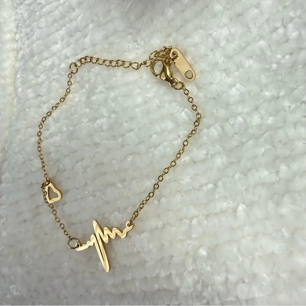 18K Gold‎ Plated Womens Heartbeat Bracelet Non-Tarnish Stainless Steel Gift Chic